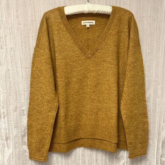 Lucky Brand S L Heather Knit Mustard Yellow V-Neck High Low Pullover Sweater - Picture 1 of 13
